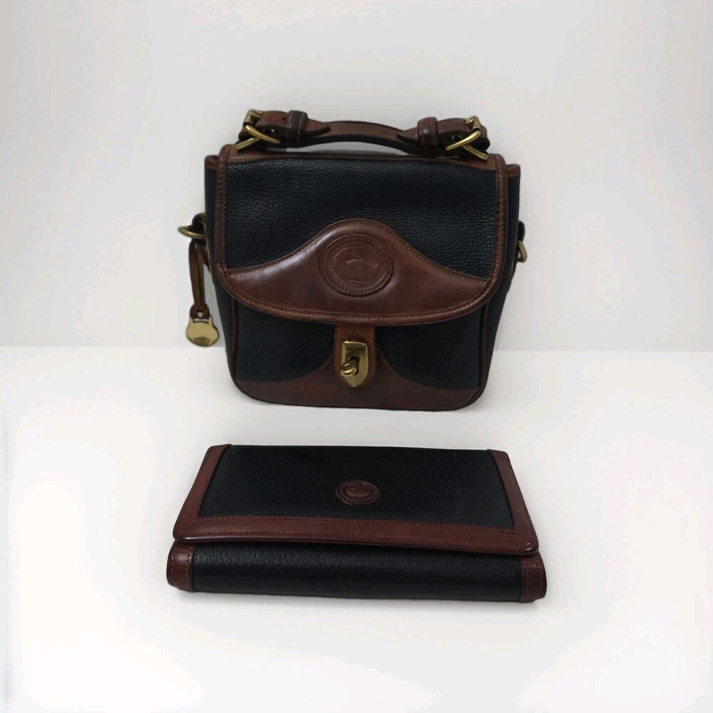 Vintage Set Dooney & Bourke Black British Tan All Weather Leather Bag + Wallet